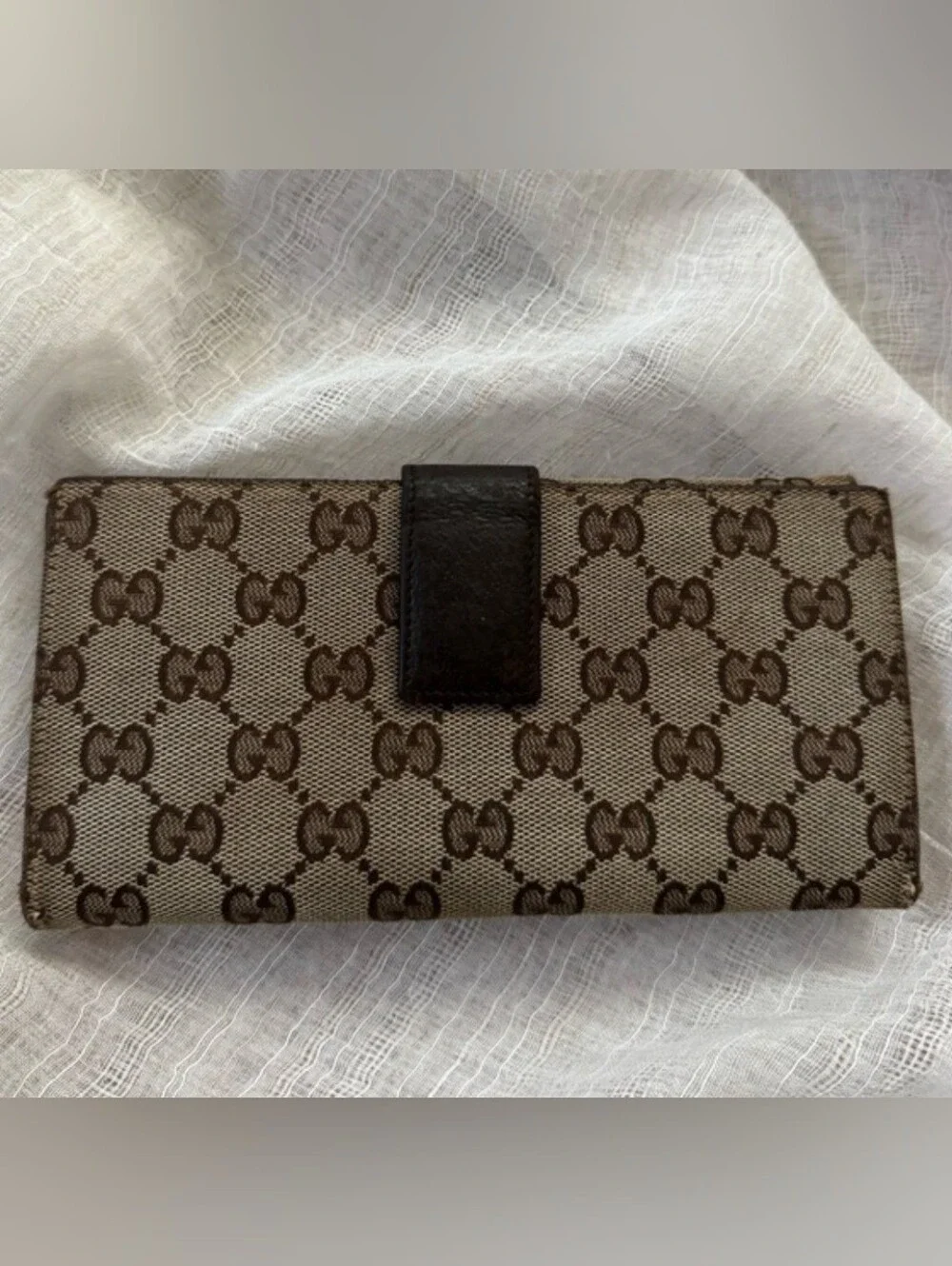Authentic Gucci Monogram Eclipse Continental Wallet With Dark Brown Leather
